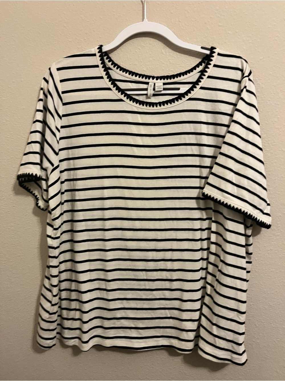Cato Black & White Striped Short Sleeve Tee with Scallop Trim
